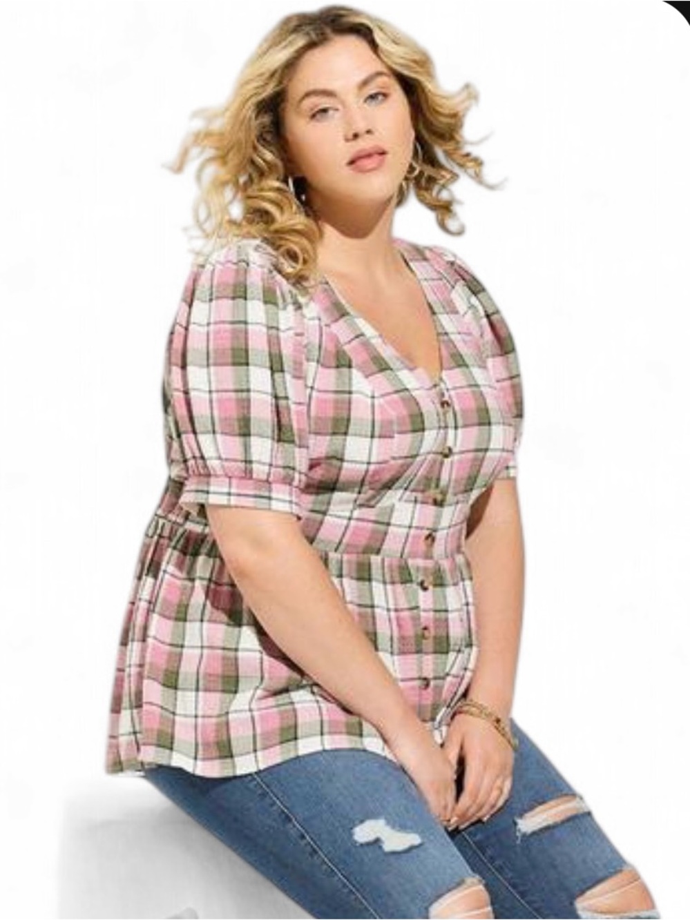 Torrid Babydoll Crinkle Flannel Gauze Blouse Button Front 3x Plaid Milkmaid Pink